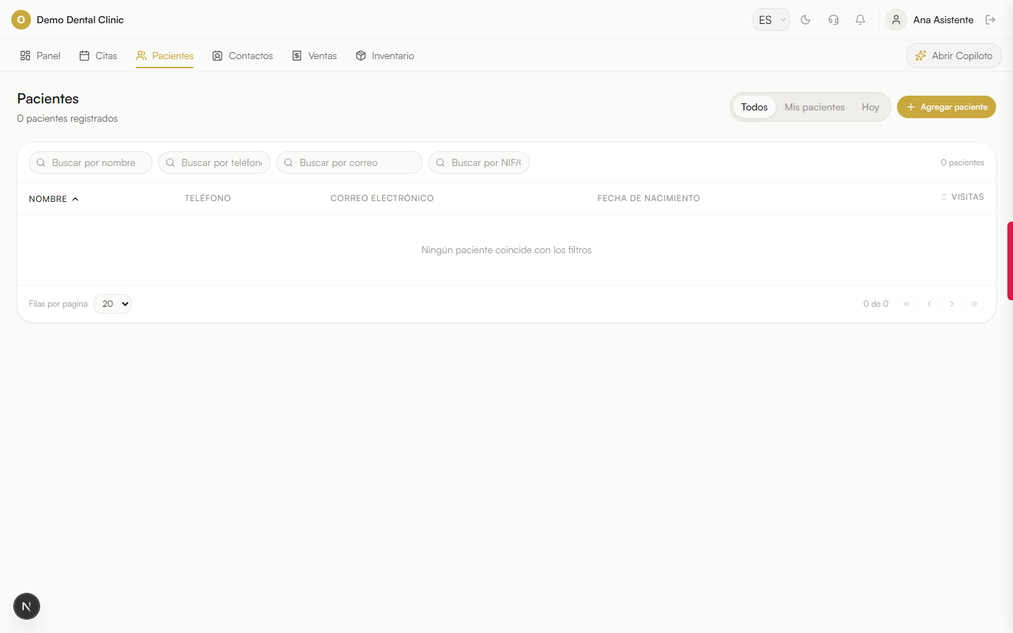 Captura de pantalla: Gestión de pacientes