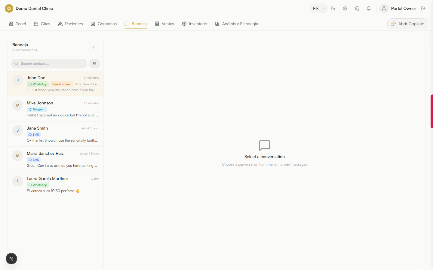 Captura de pantalla: Bandeja de entrada (Inbox) y WhatsApp