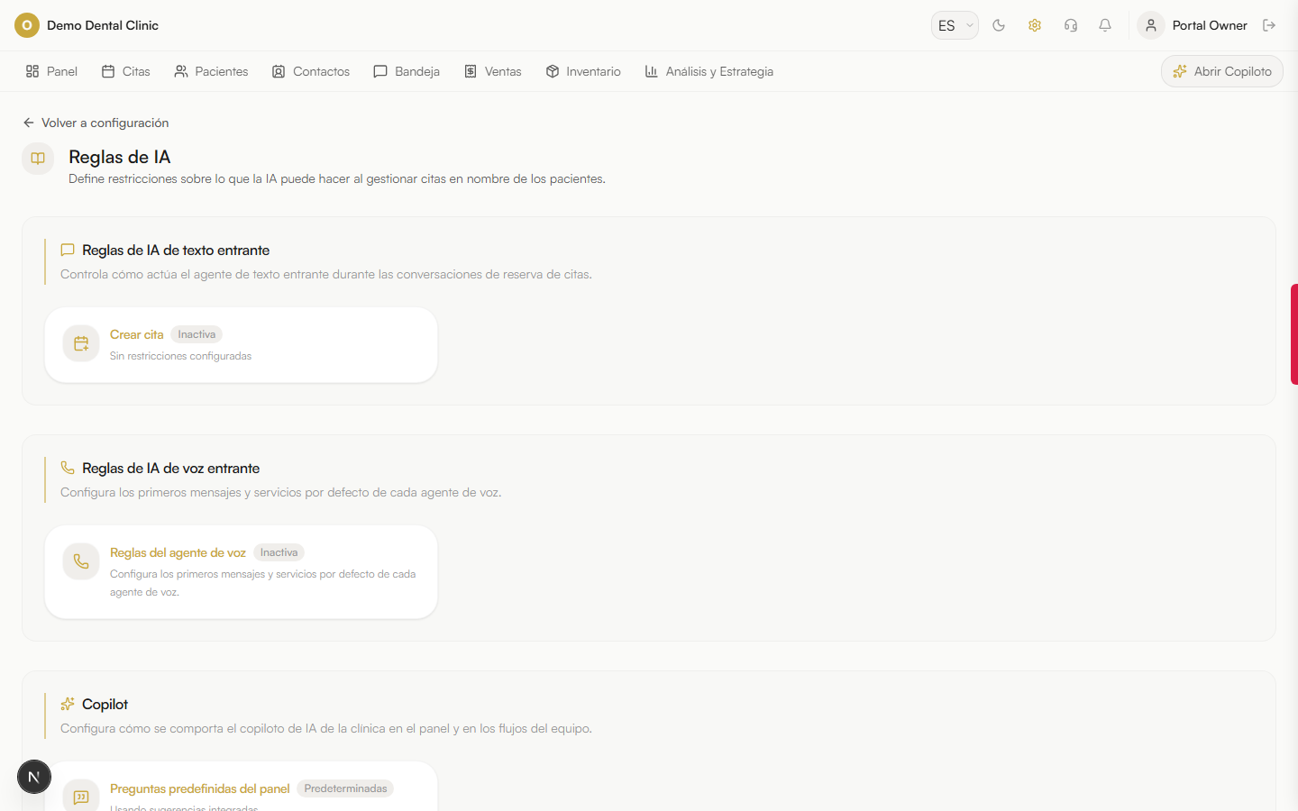 Captura de pantalla: Configuración de IA — reglas y agentes