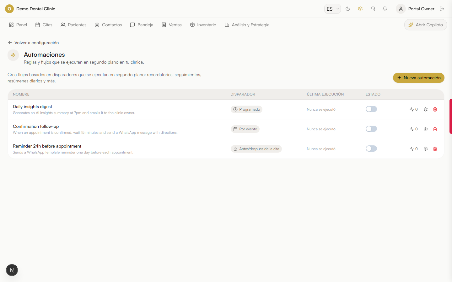 Captura de pantalla: Automatizaciones