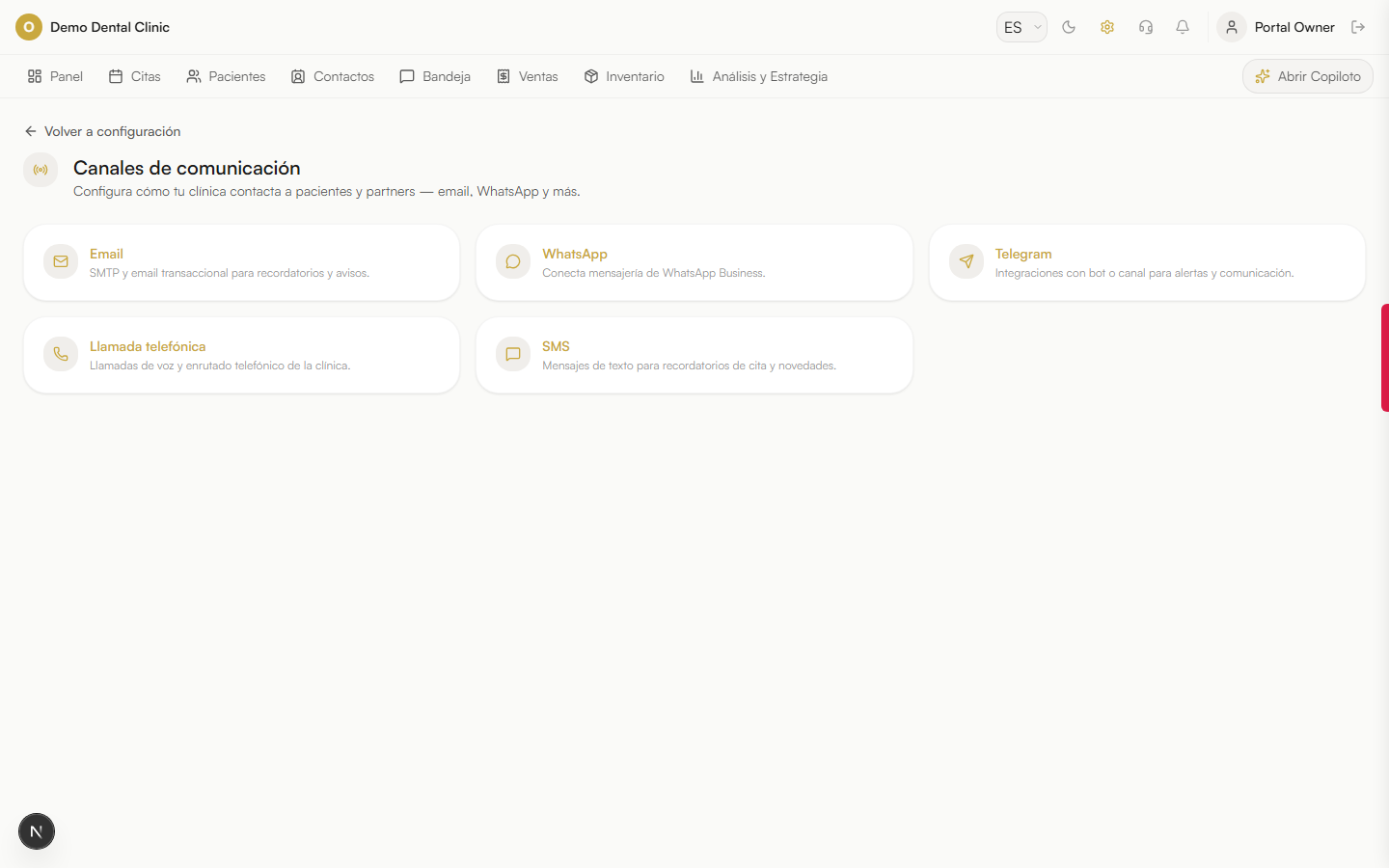 Captura de pantalla: Canales de comunicación