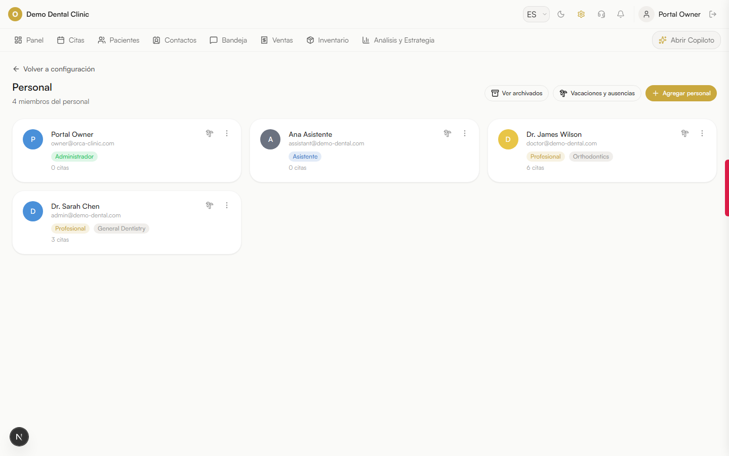 Captura de pantalla: Gestión del equipo (Staff)
